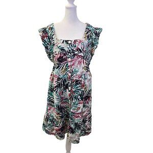 Beachlunchlounge Linen Blend Tropical Print Ruffle Sleeve Dress Size Large